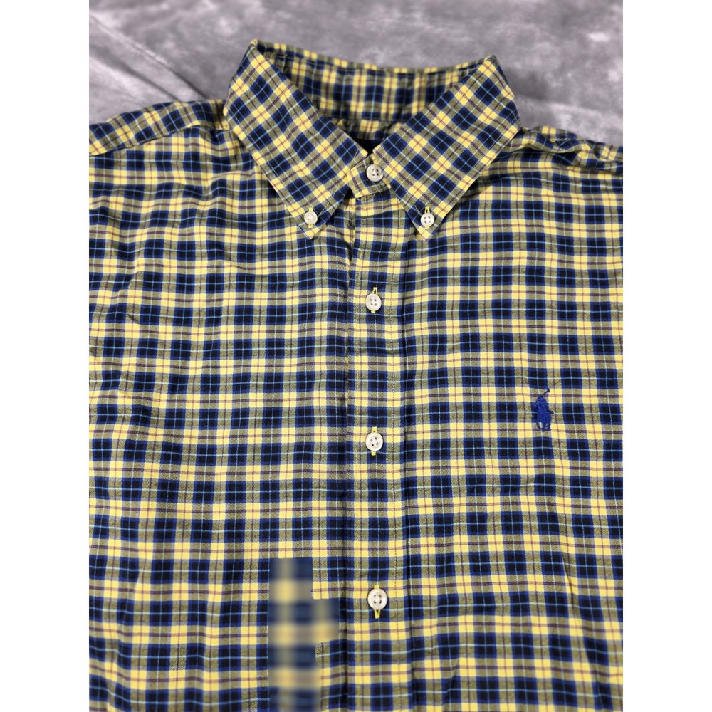 Ralph Lauren Button Up Shirt Long Sleeve Mens Medium Yellow/Blue Madras Plaid